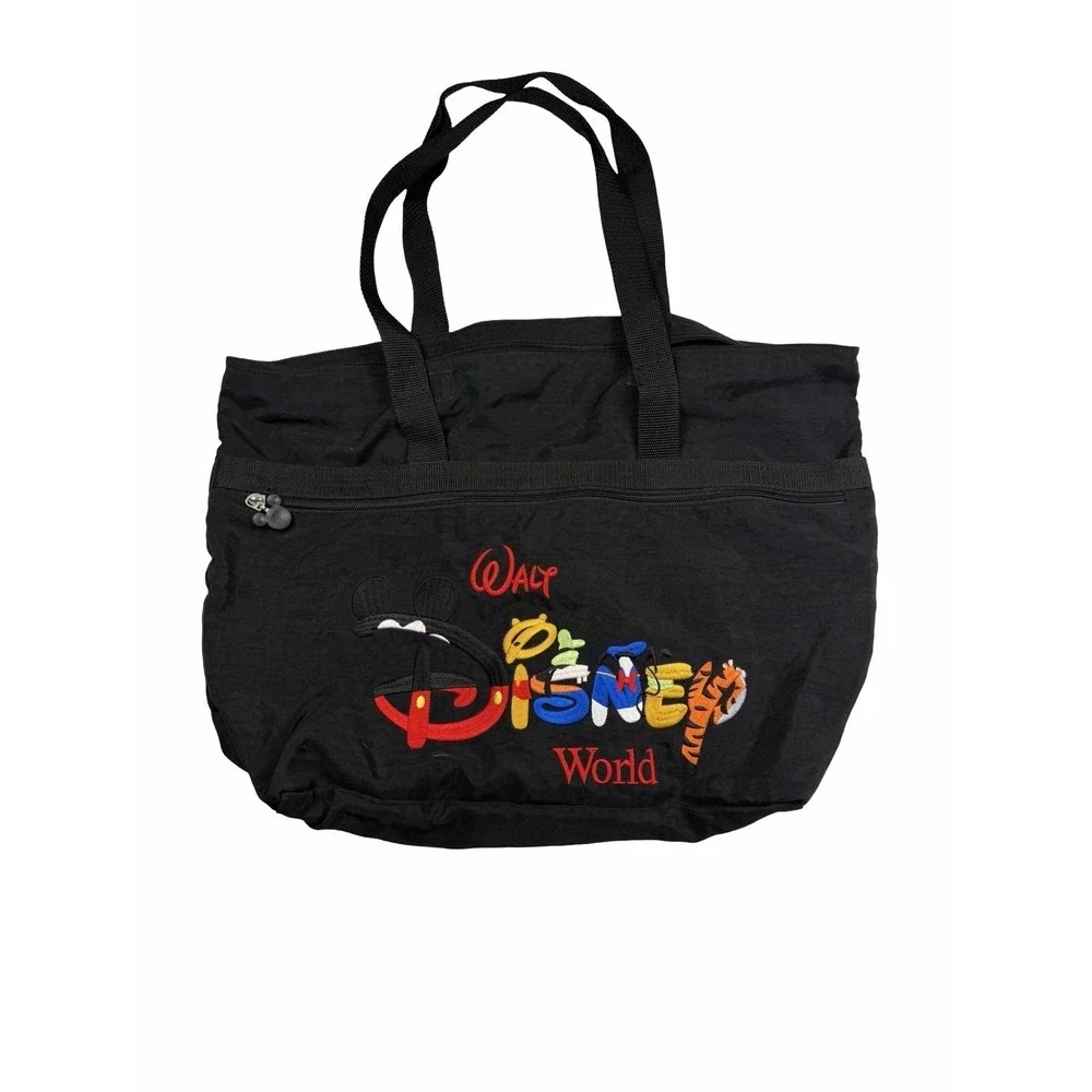 Walt Disney World Tote Bag Mickey Pooh Tigger Embroidered Black Large